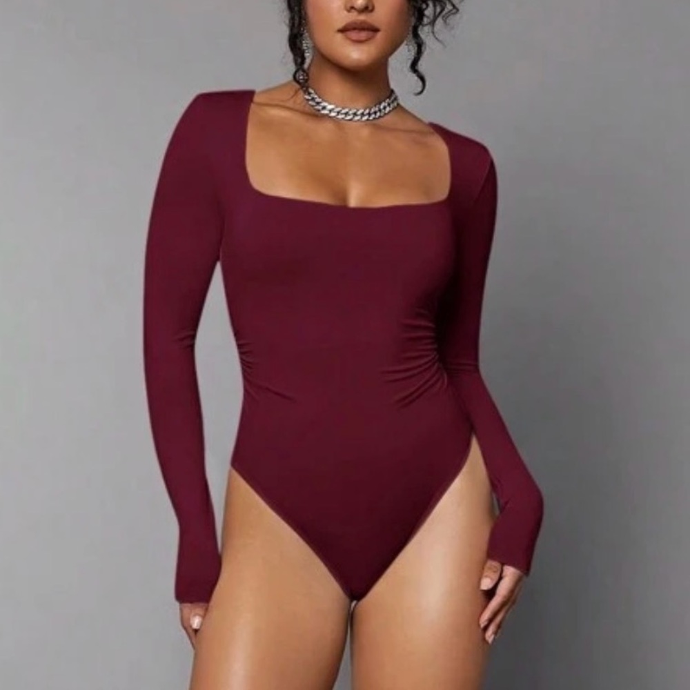 Burgundy Long-Sleeve Square Neck Bodysuit